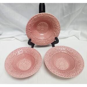Bordallo Pinheiro Pink Basketweave Majolica Bowls Portugal Set Of 3